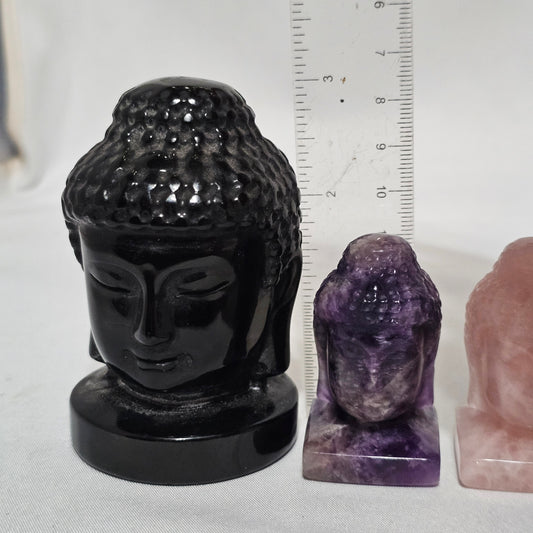 Obsidian, Amethyst, Rose Quartz & Aventurine Buddha Head Protection, Peace & Abundance Hand Carved Crystal Statue