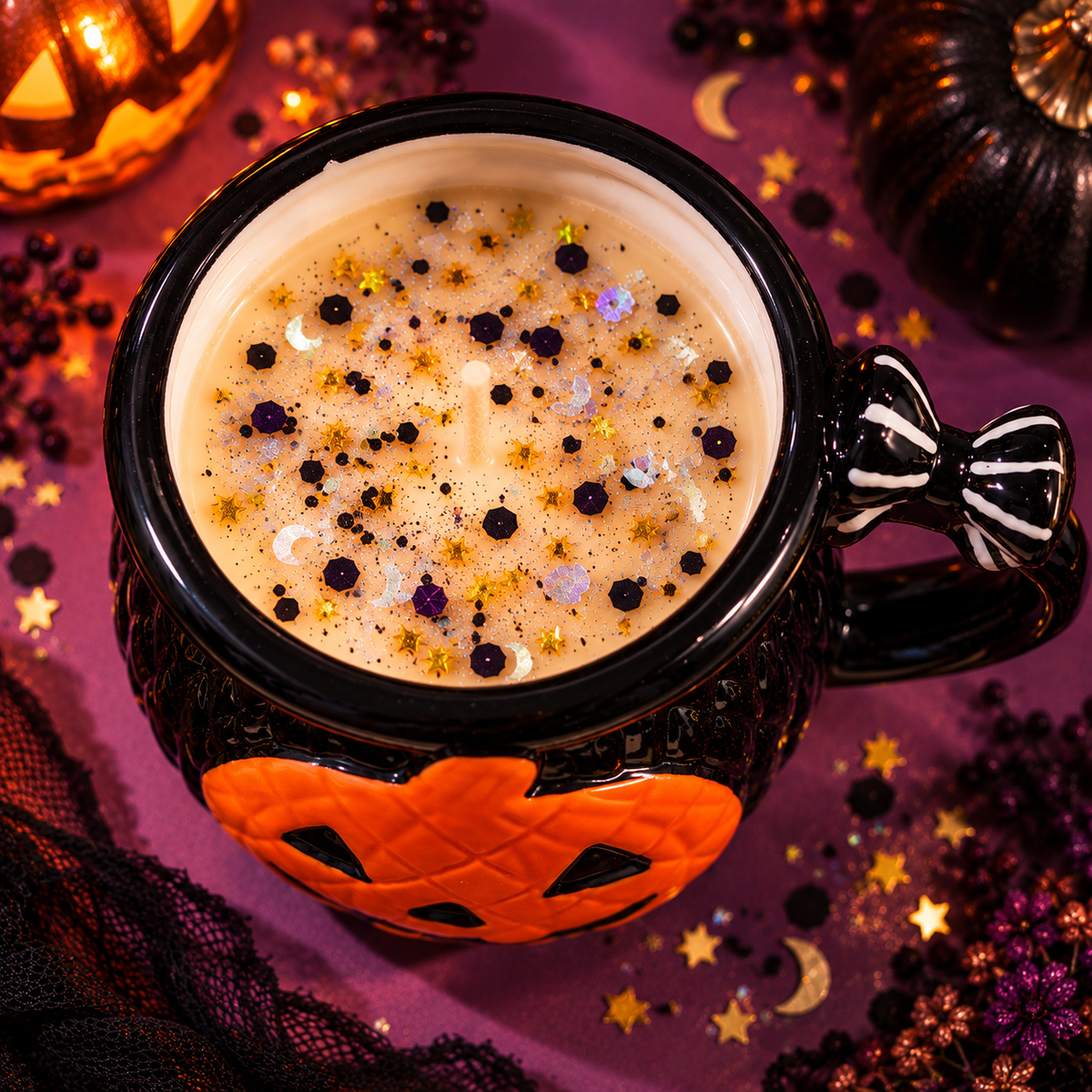 Pecan Pie Halloween Mug Candle β Ghost or Jack-Oβ-Lantern Lux Anima by Black Cat Esoteric