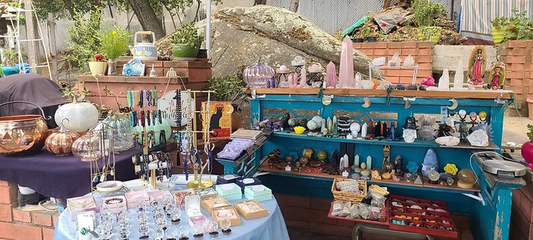 Backyard crystal shop setup under oak trees during my early live sales days