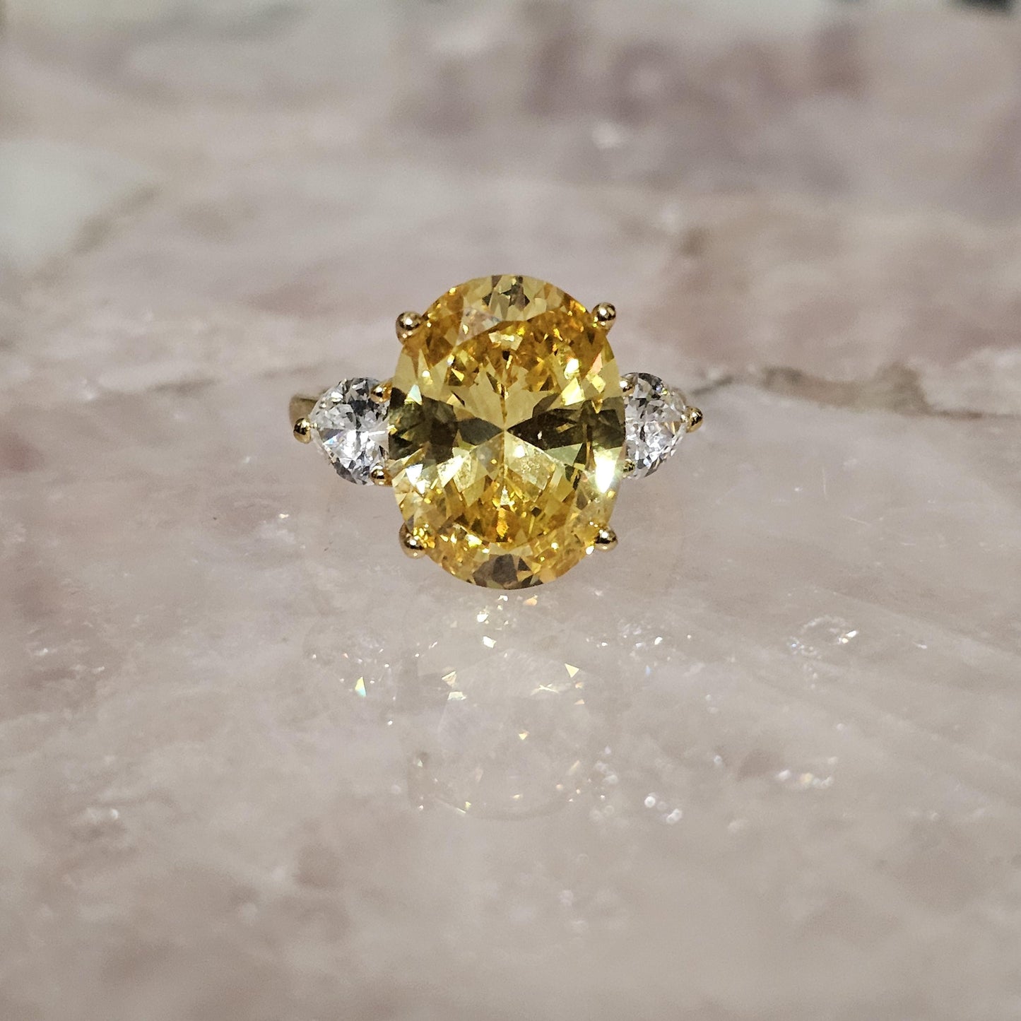 Lab Citrine Oval Three Stone on 14k Gold Plated 925 Sterling Silver Size 8