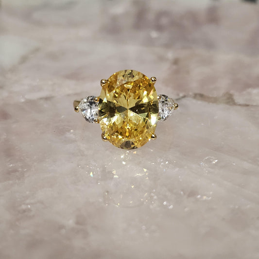 Lab Citrine Oval Three Stone on 14k Gold Plated 925 Sterling Silver Size 8