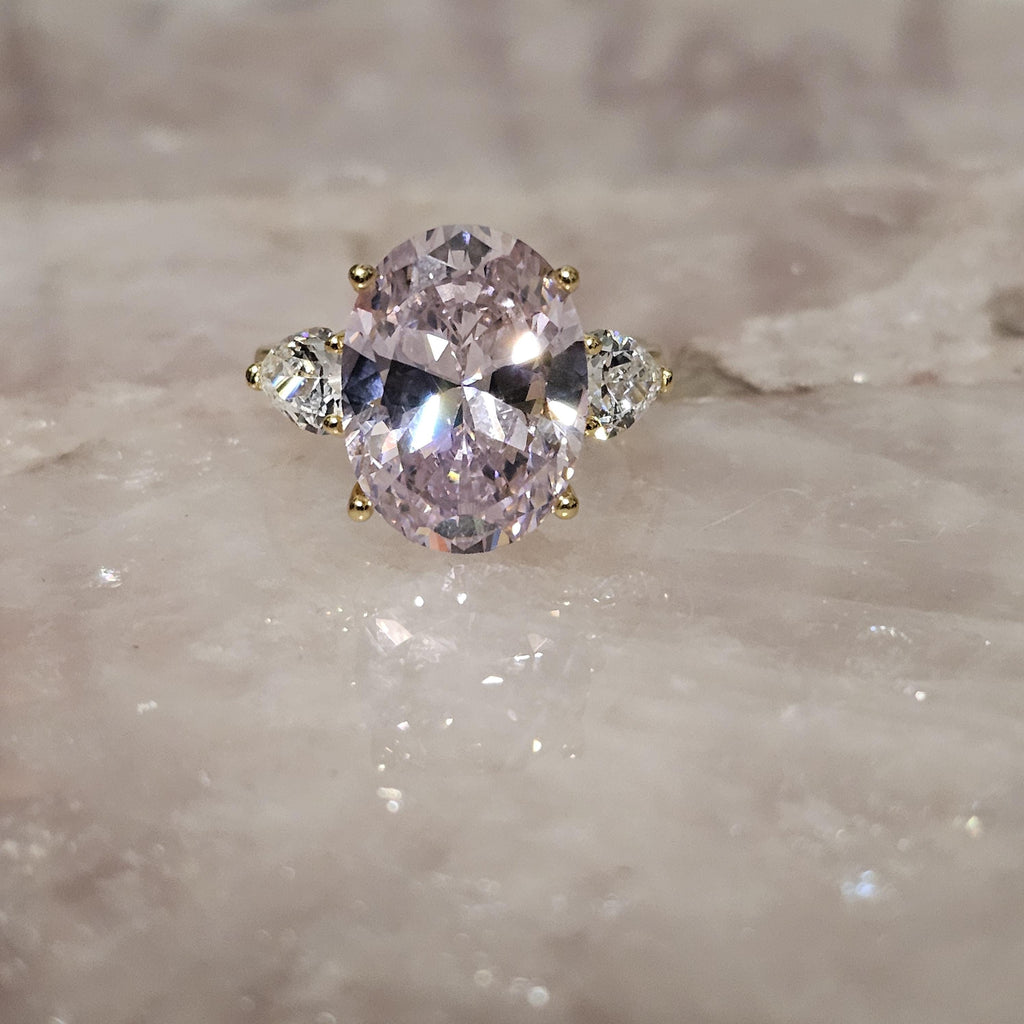 Oval Lab Rose Quartz Ring: Gold Plated Sterling Silver, Size 8