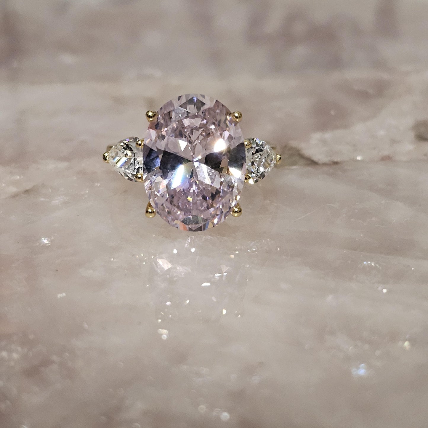 Oval Lab Rose Quartz Ring: Gold Plated Sterling Silver, Size 8