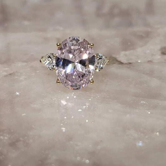 Oval Lab Rose Quartz Ring: Gold Plated Sterling Silver, Size 8