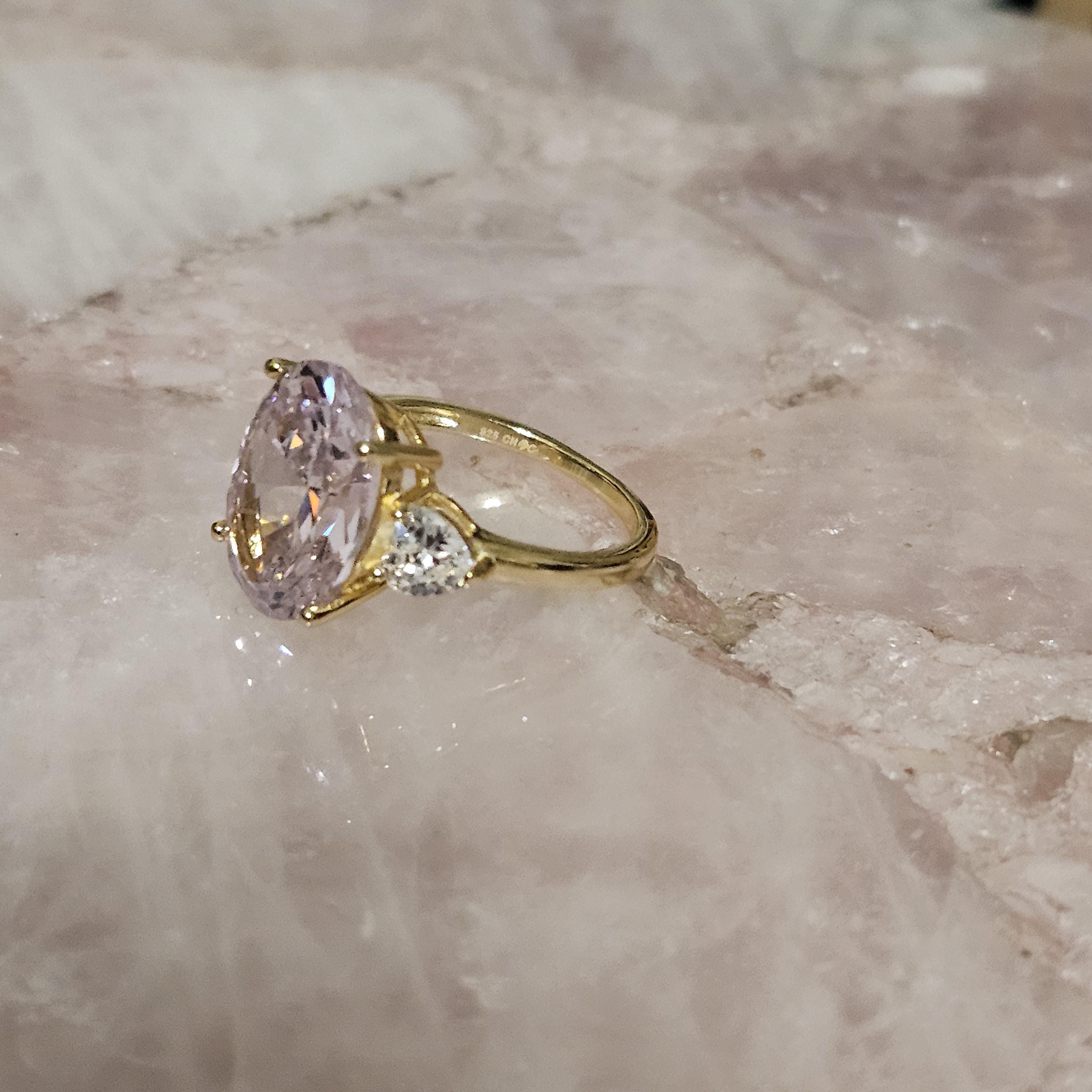 Oval Lab Rose Quartz Ring: Gold Plated Sterling Silver, Size 8