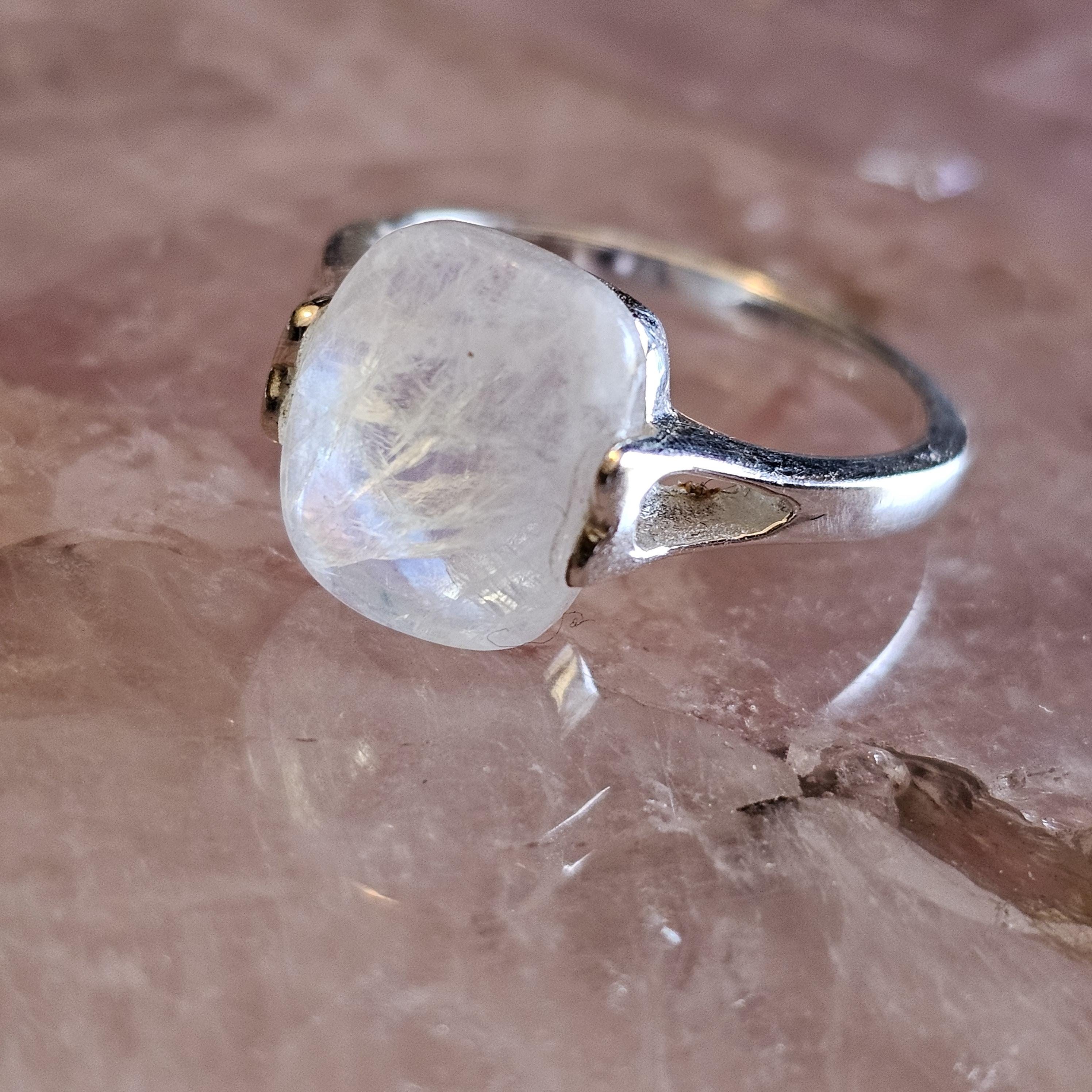 Rainbow Moonstone Ring: Square Stone, 925 Sterling Silver