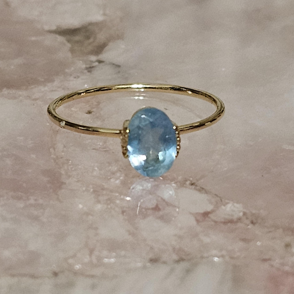 Aquamarine Oval Solitaire 14K Gold Pated 925 Silver Ring Size 7