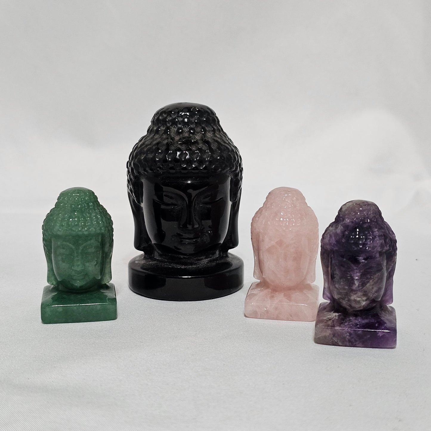 Obsidian, Amethyst, Rose Quartz & Aventurine Buddha Head  Protection, Peace & Abundance Hand Carved Crystal Statue