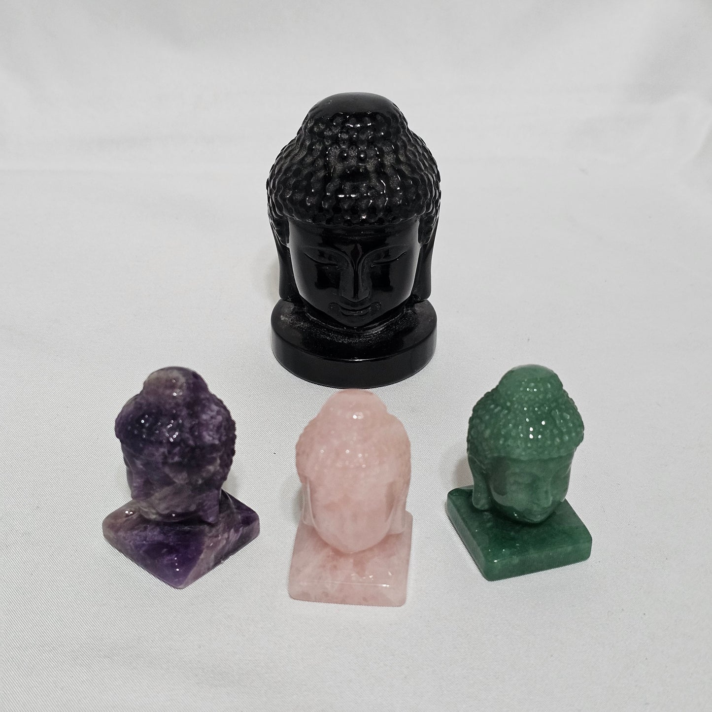 Obsidian, Amethyst, Rose Quartz & Aventurine Buddha Head  Protection, Peace & Abundance Hand Carved Crystal Statue