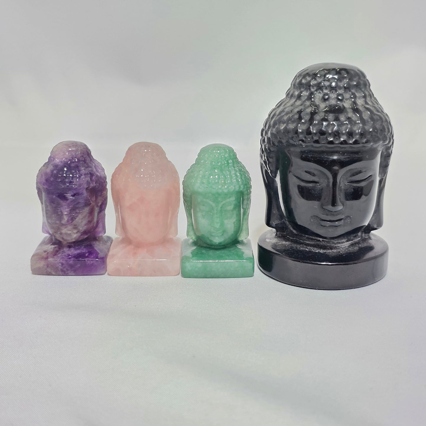 Obsidian, Amethyst, Rose Quartz & Aventurine Buddha Head  Protection, Peace & Abundance Hand Carved Crystal Statue