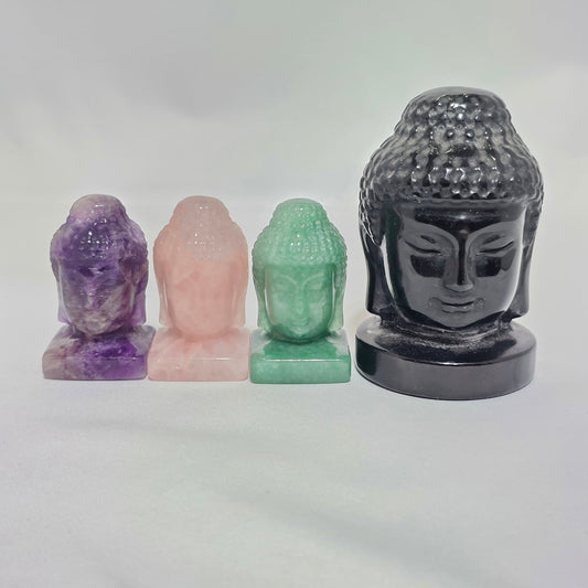 Obsidian, Amethyst, Rose Quartz & Aventurine Buddha Head  Protection, Peace & Abundance Hand Carved Crystal Statue