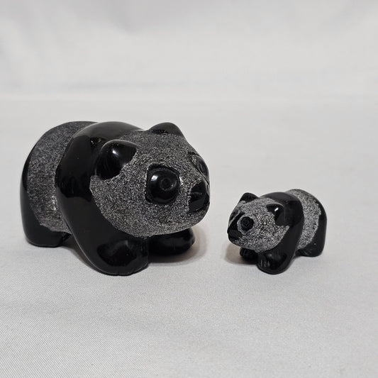 Black Obsidian Panda Family  | Large & Baby Panda Crystal Set | Protection & Grounding Stone | Rare Matte Carving