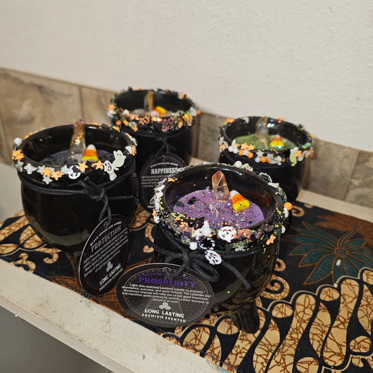 Long Lasting Premium Scented Candles - Prosperity, Protection, Luck, Happiness - Black Cauldron Design - Halloween Decor