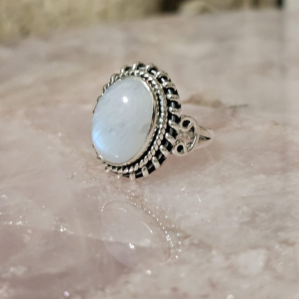 Rainbow Moonstone Ring: Oval Stone, 925 Sterling Silver