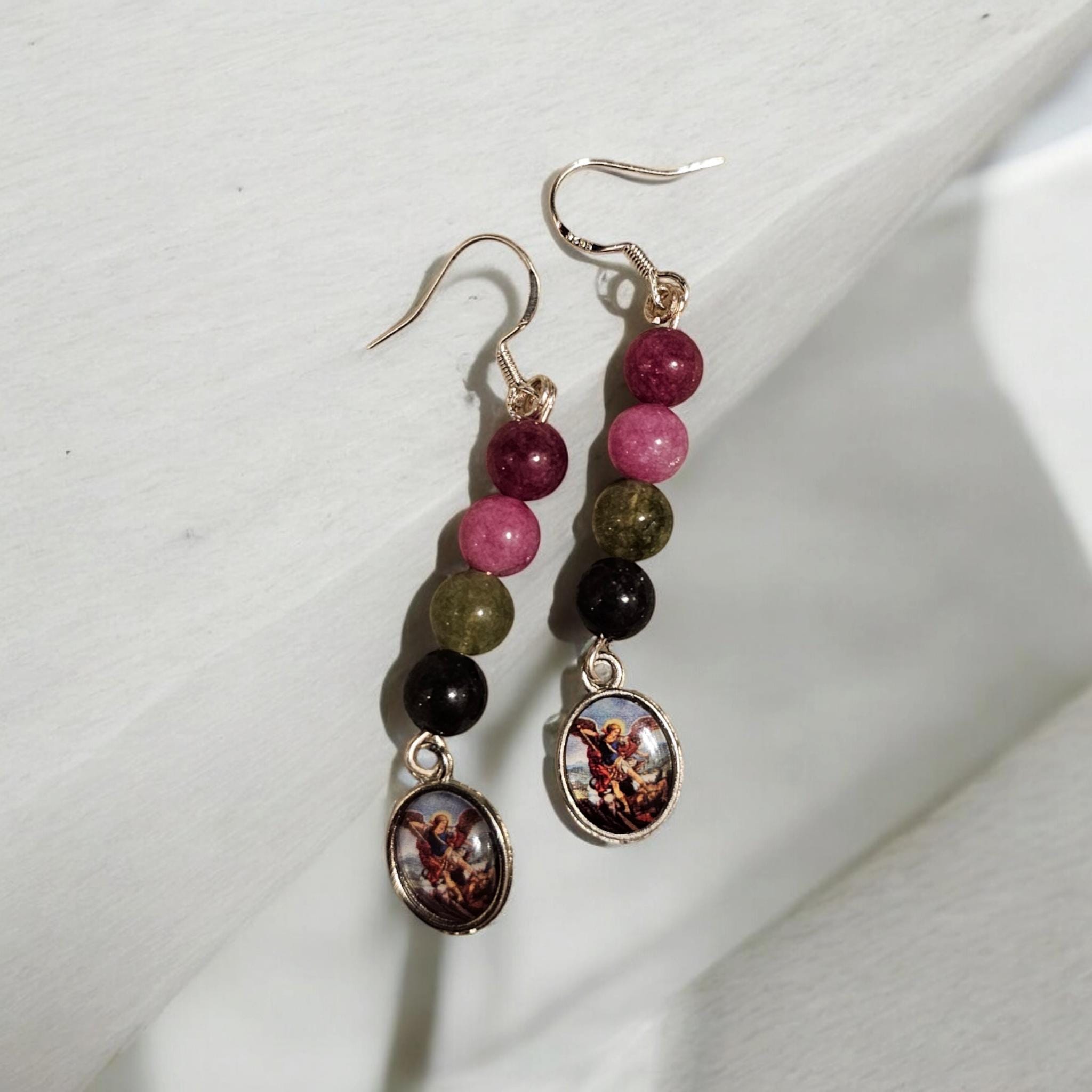 St Michael protection earrings hook dangle tourmaline opalite