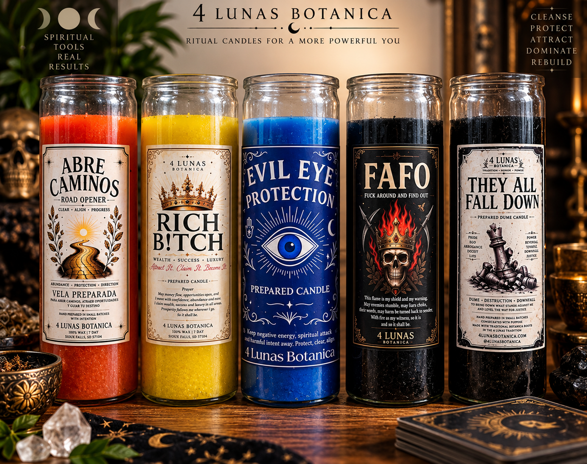 4 Lunas Botanica Ritual Candles Abre Caminos, Rich B!tch, Evil Eye Protection, FAFO, and They All Fall Down