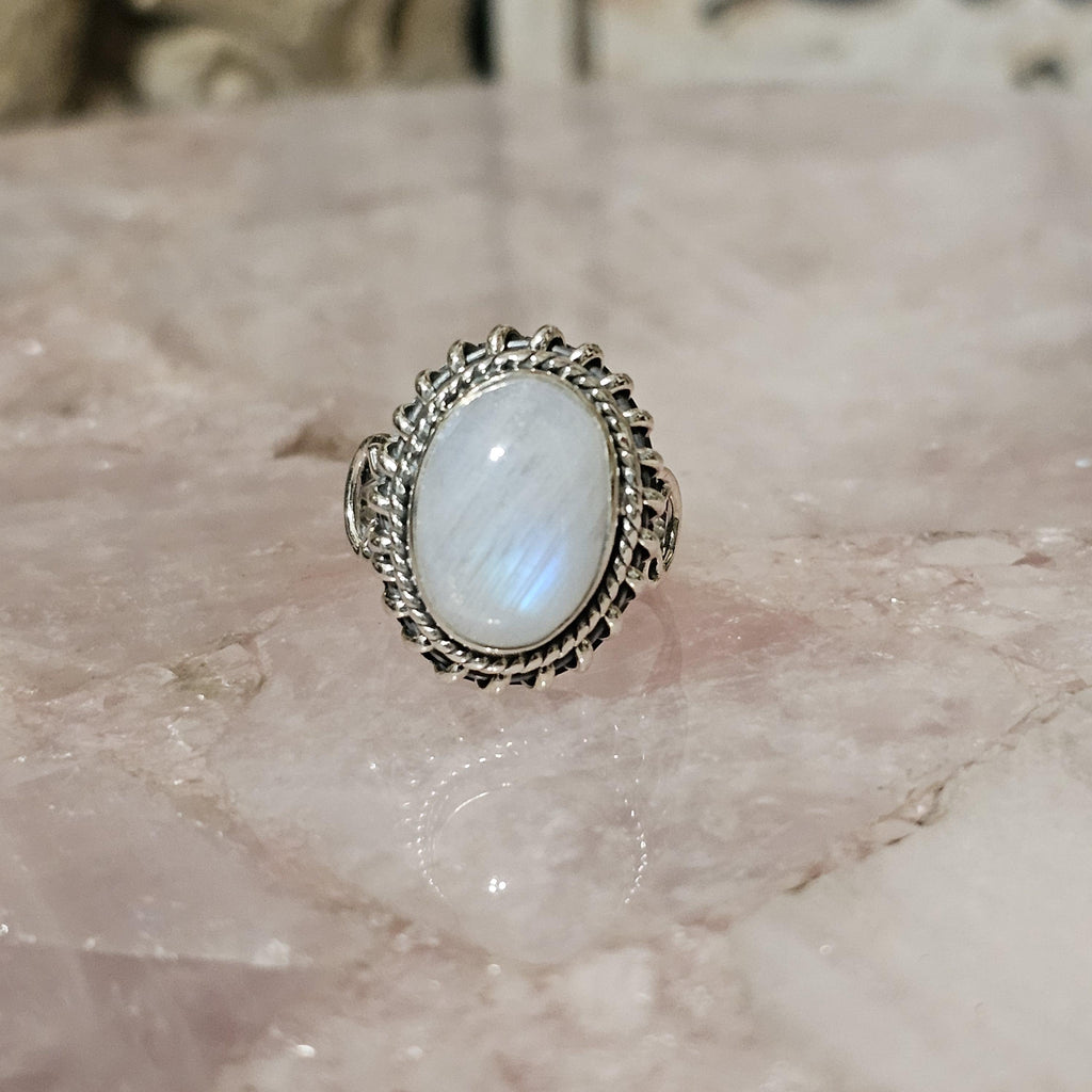 Rainbow Moonstone Ring: Oval Stone, 925 Sterling Silver