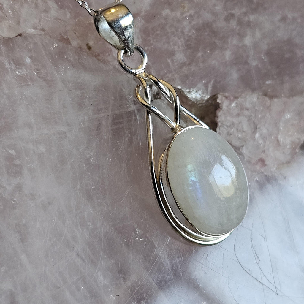 Rainbow Moonstone Pendant: Oval Gem, 925 Sterling Silver