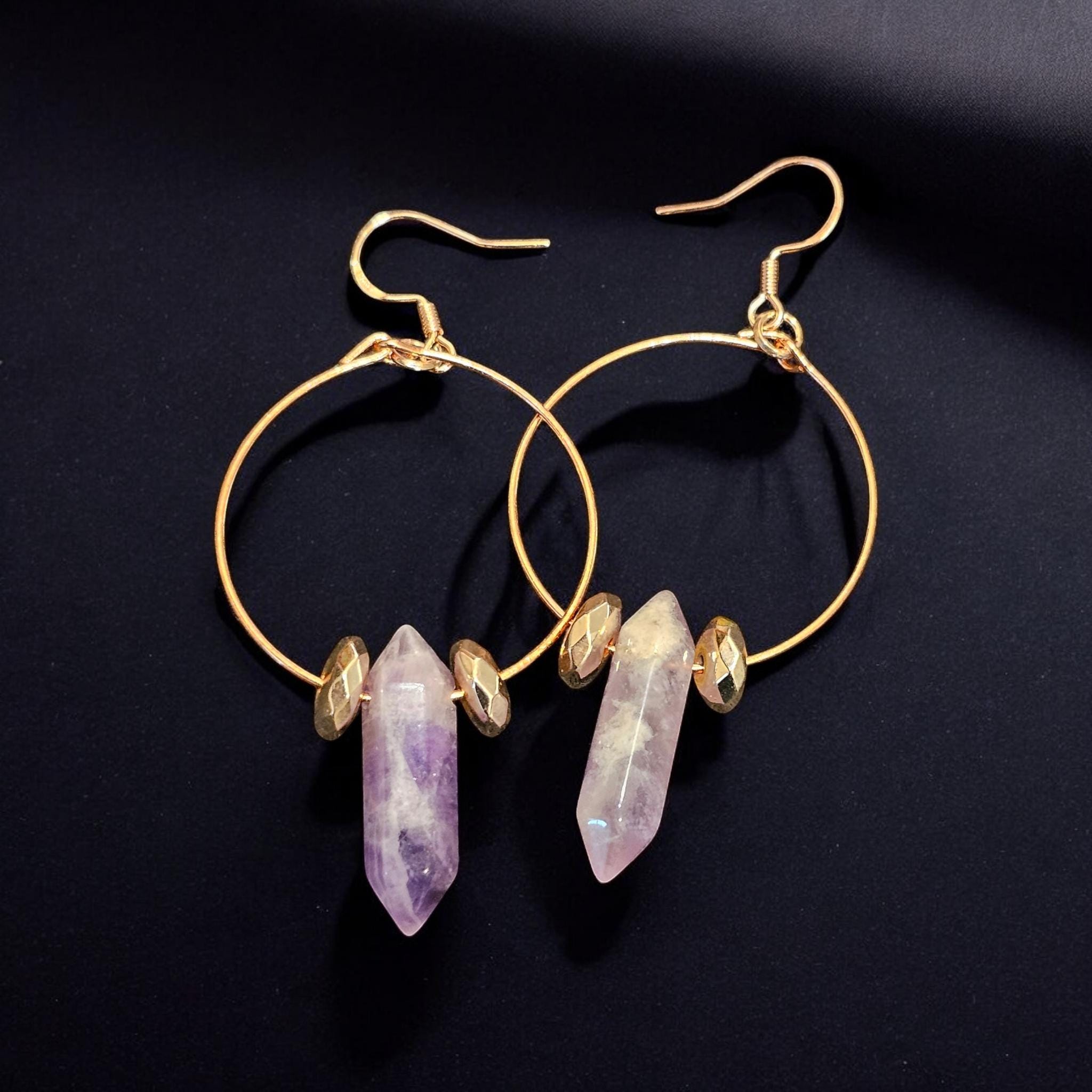 Rose Quartz and Amethyst on Rose GoldTone Hoop Hook Dangle Earrings
