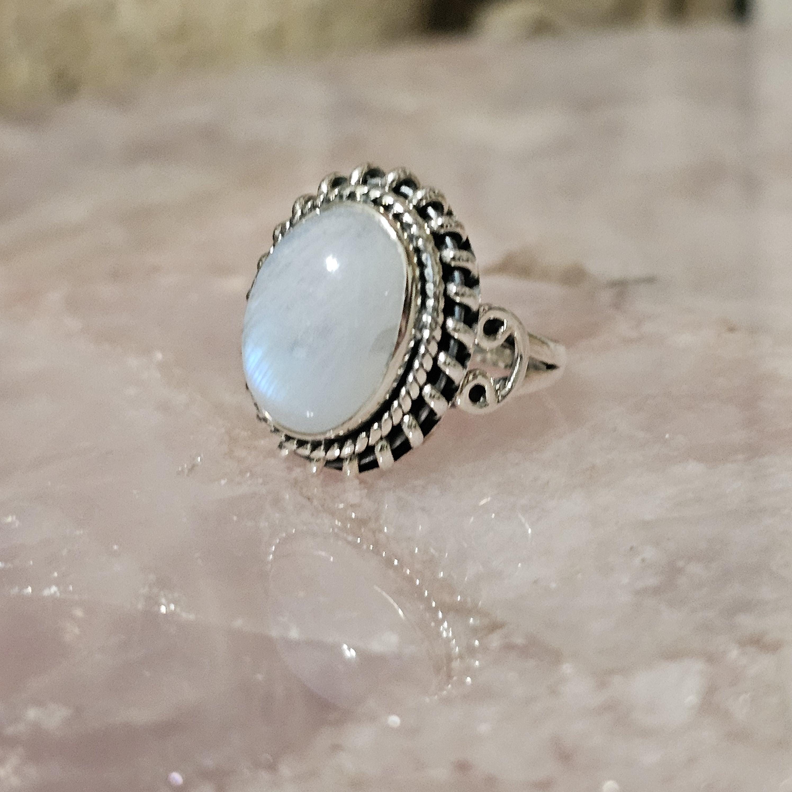 Rainbow Moonstone Ring: Oval Stone, 925 Sterling Silver