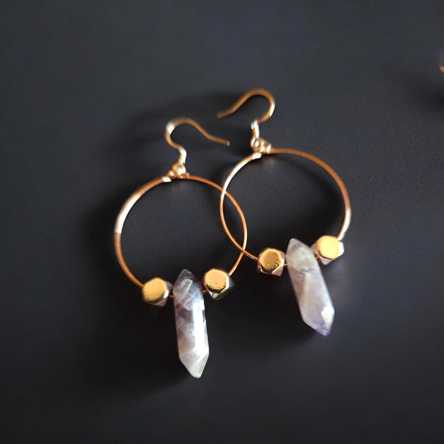 Rose Quartz and Amethyst on Rose GoldTone Hoop Hook Dangle Earrings