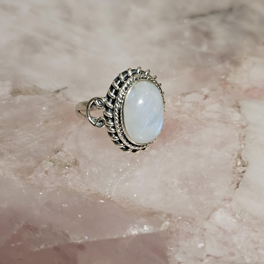 Rainbow Moonstone Ring: Oval Stone, 925 Sterling Silver