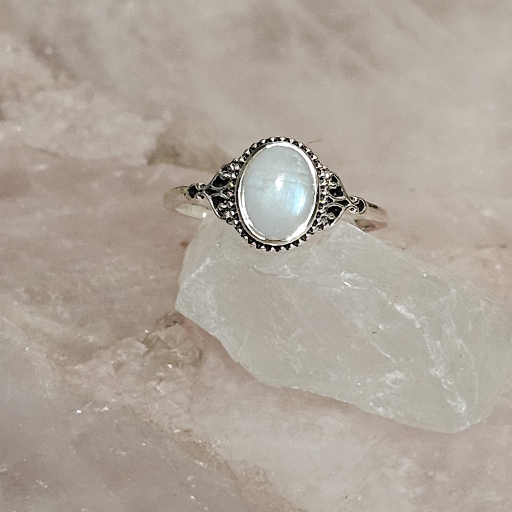 Dainty Rainbow Moonstone Oval Cut Stone Set on 925 Sterling Silver Ring