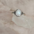 Dainty Rainbow Moonstone Oval Cut Stone Set on 925 Sterling Silver Ring