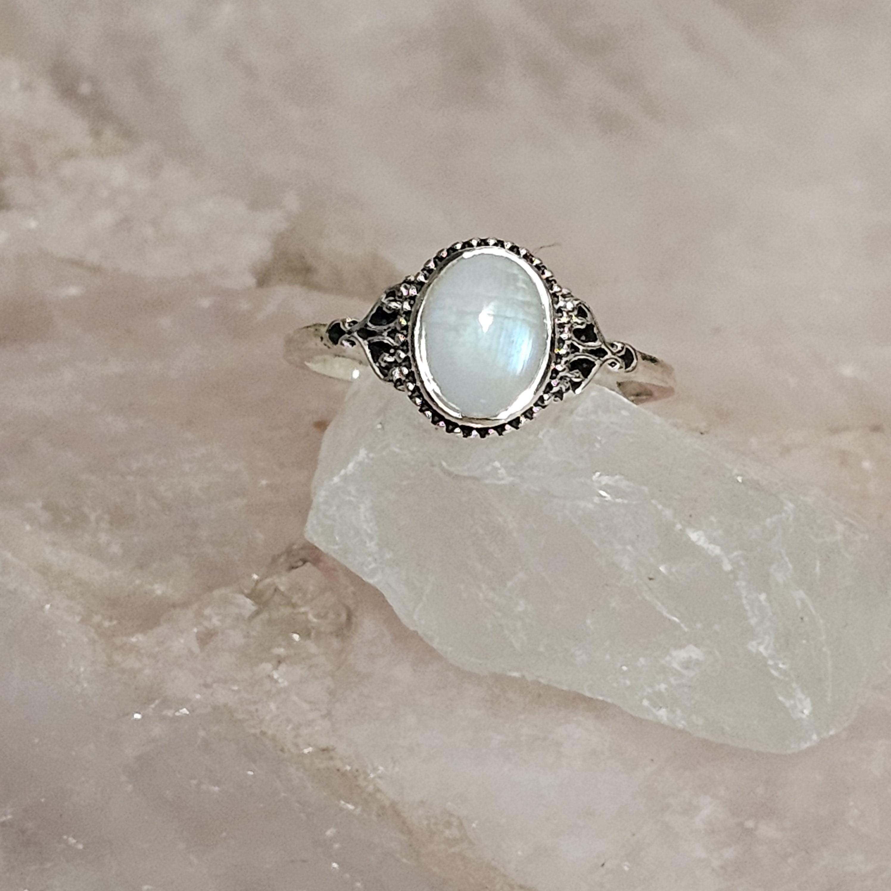 Dainty Rainbow Moonstone Oval Cut Stone Set on 925 Sterling Silver Ring