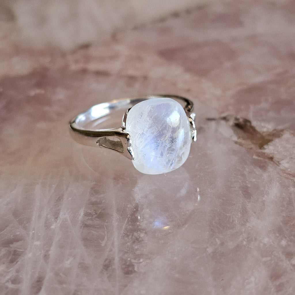 Rainbow Moonstone Ring: Square Stone, 925 Sterling Silver