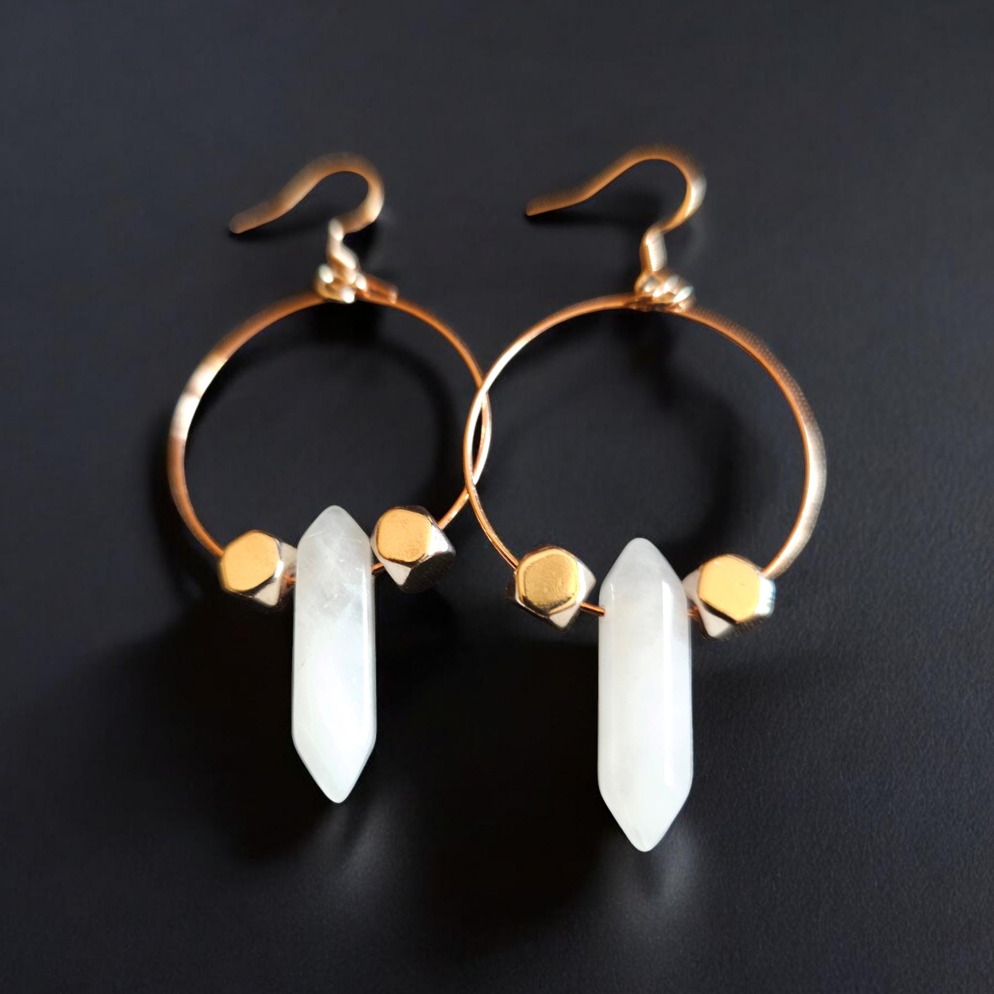 Rose Quartz and Amethyst on Rose GoldTone Hoop Hook Dangle Earrings