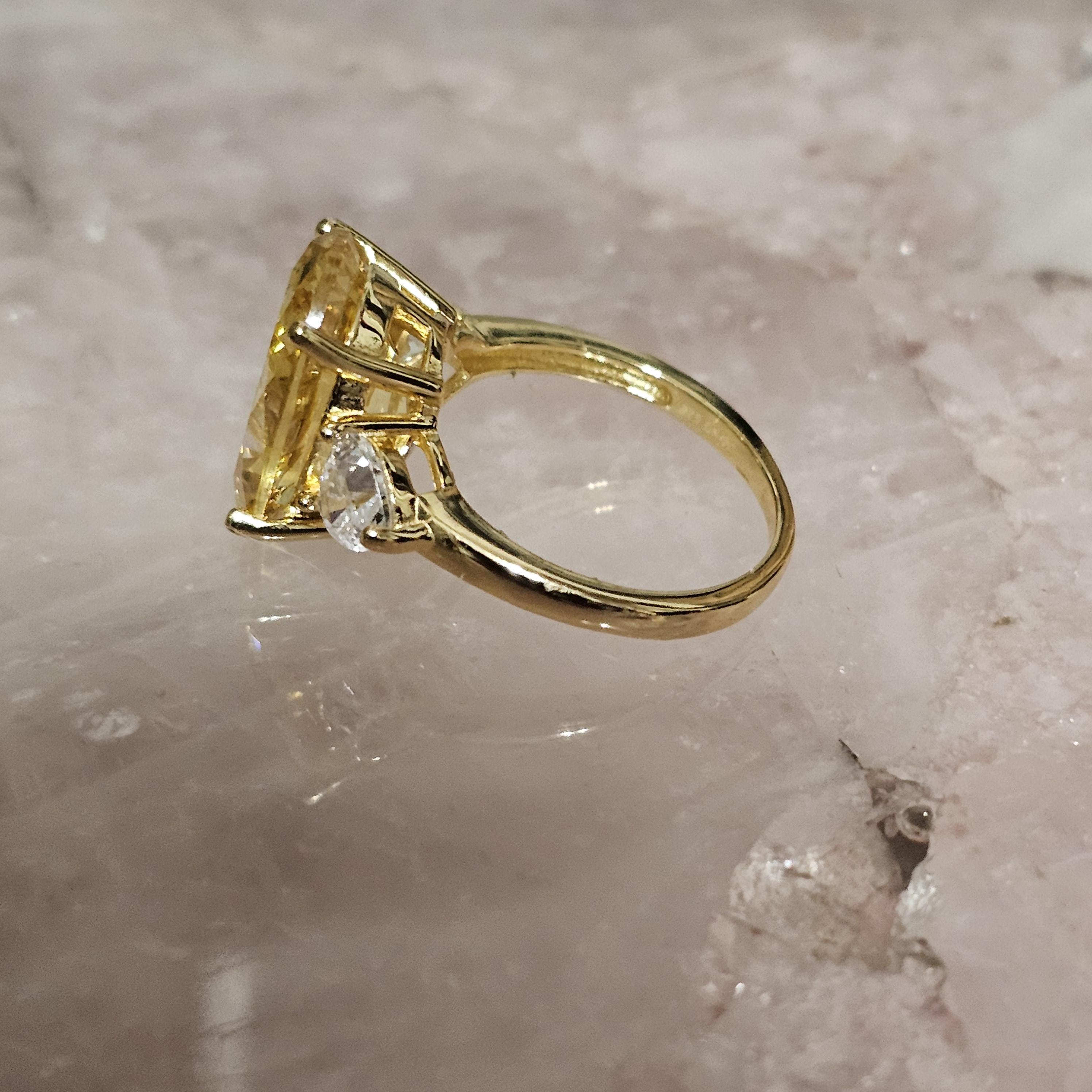 Lab Citrine Oval Three Stone on 14k Gold Plated 925 Sterling Silver Size 8