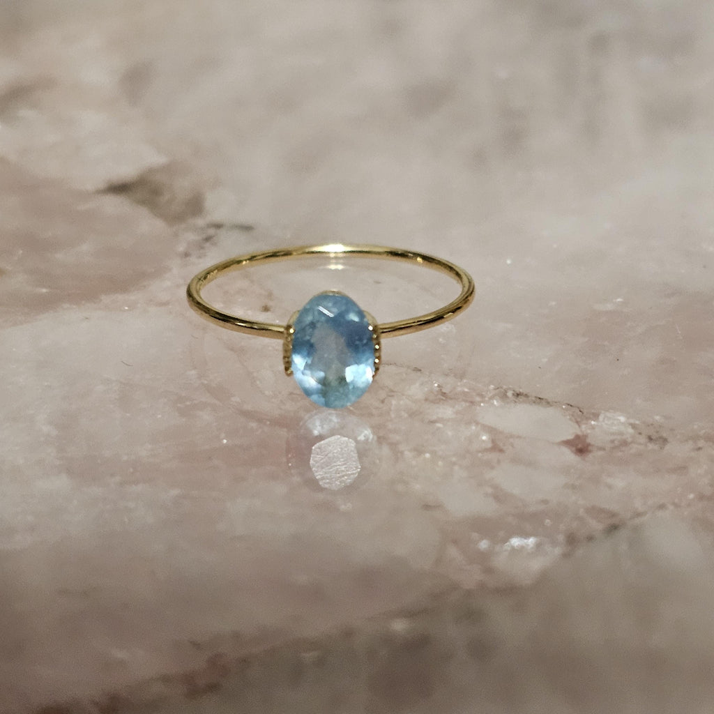 Aquamarine Oval Solitaire 14K Gold Pated 925 Silver Ring Size 7