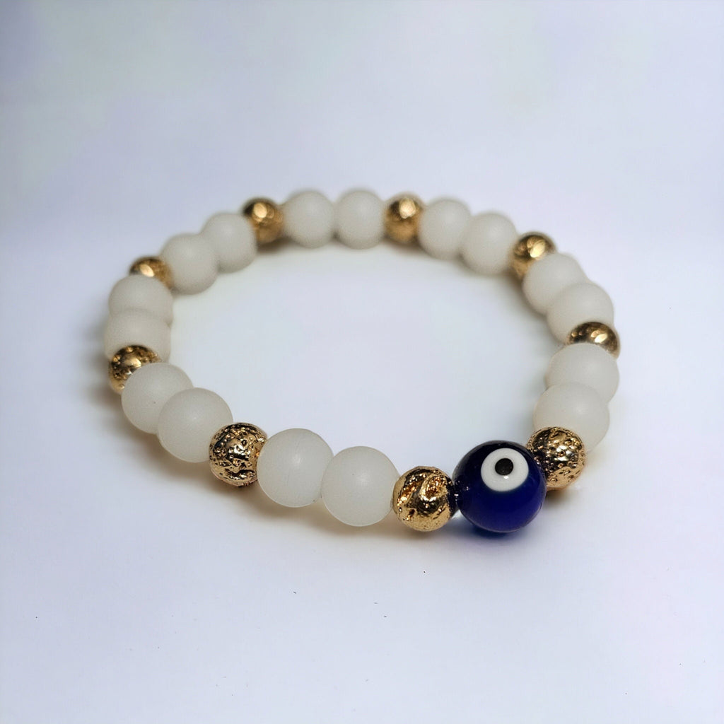 Evil Eye Protection Bracelet: Glass Beads & Gold Hematite Accent Beads in Gold Tone
