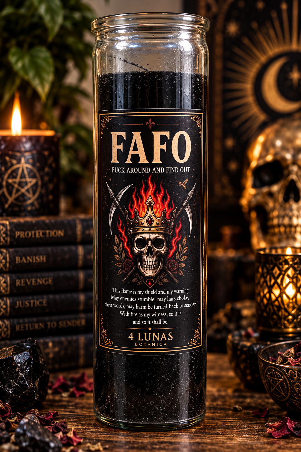 4 Lunas Botanica Ritual Candles Abre Caminos, Rich B!tch, Evil Eye Protection, FAFO, and They All Fall Down