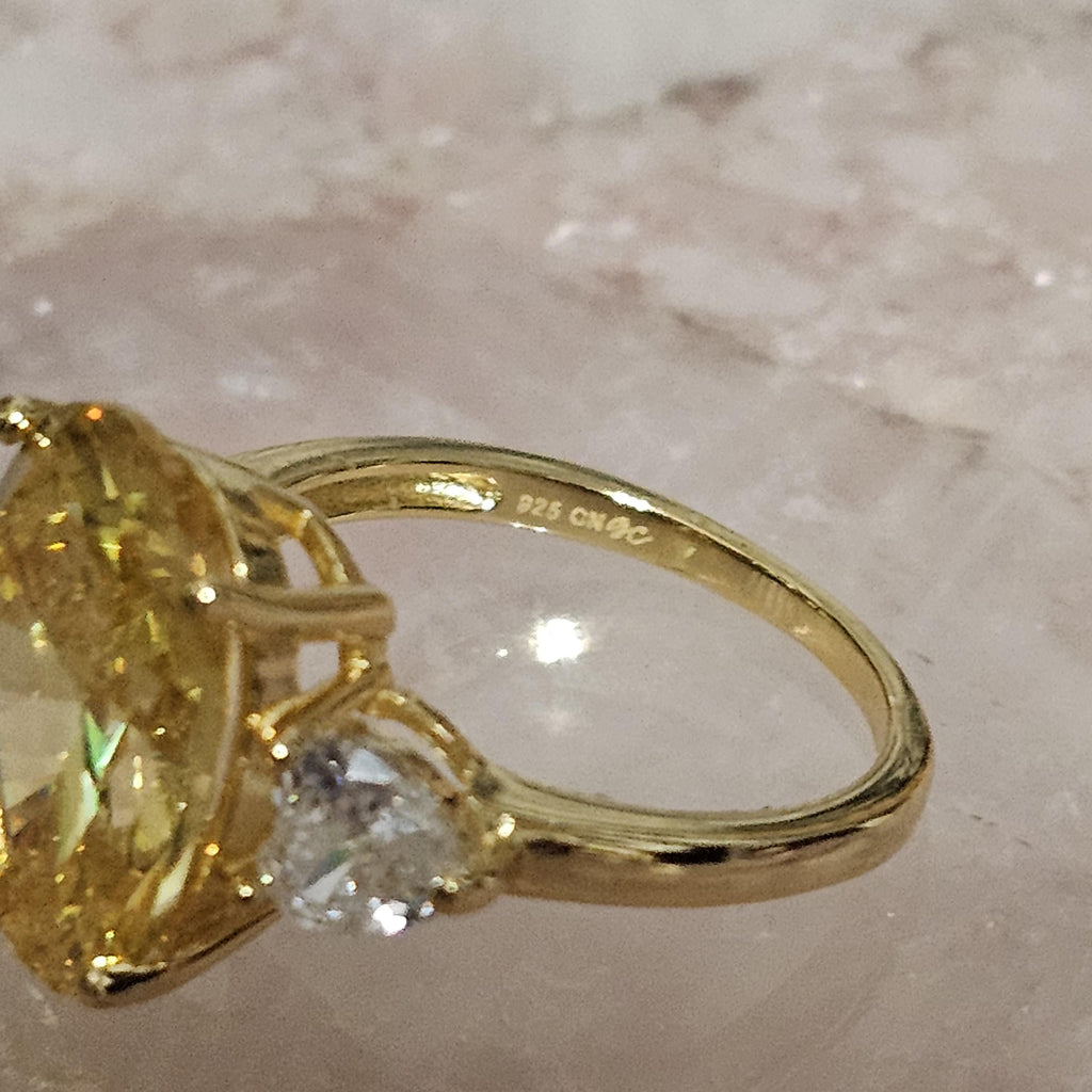 Lab Citrine Oval Three Stone on 14k Gold Plated 925 Sterling Silver Size 8