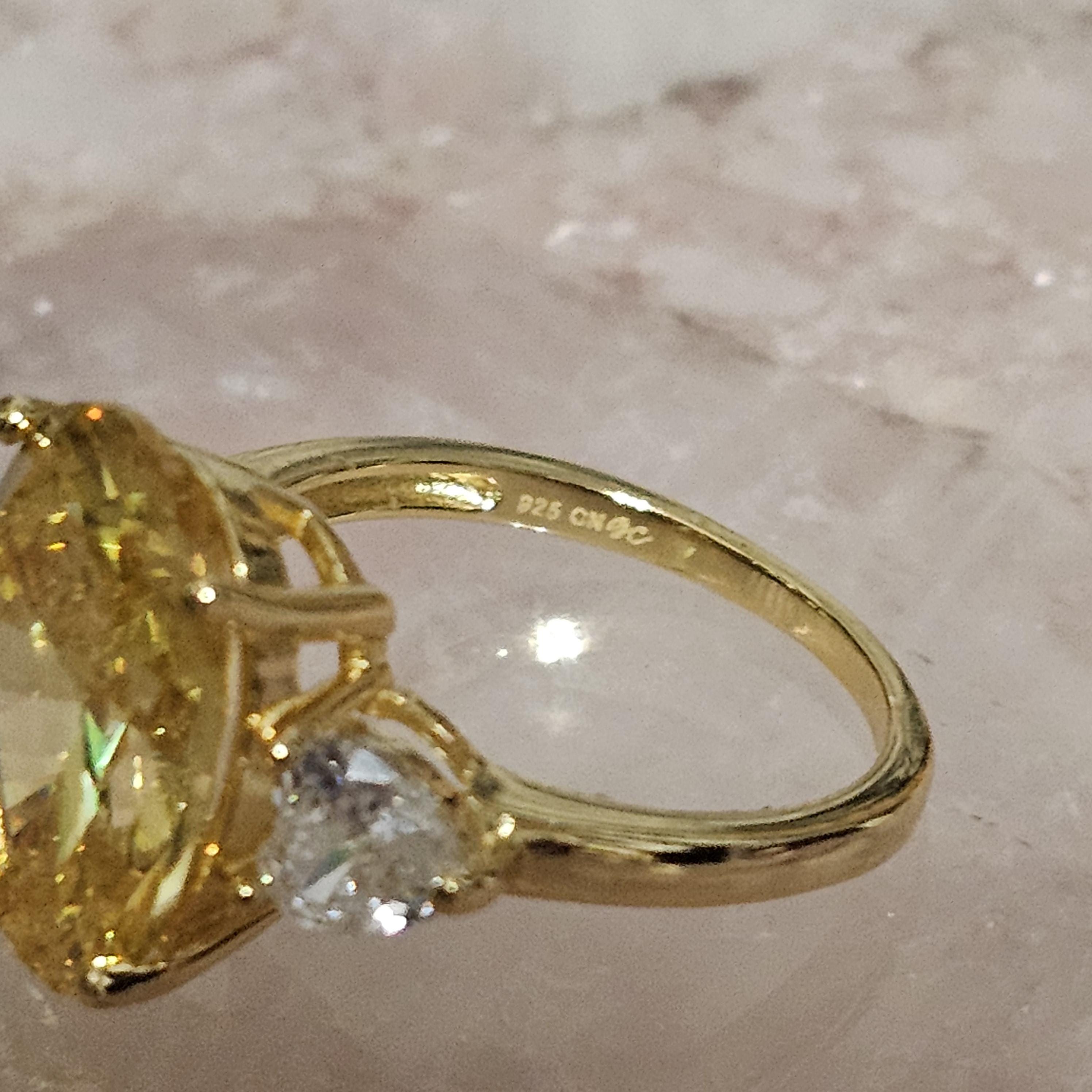 Lab Citrine Oval Three Stone on 14k Gold Plated 925 Sterling Silver Size 8