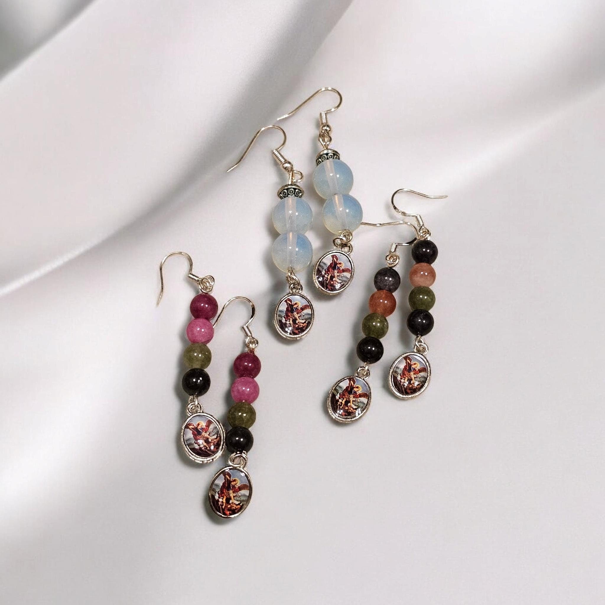 St Michael protection earrings hook dangle tourmaline opalite