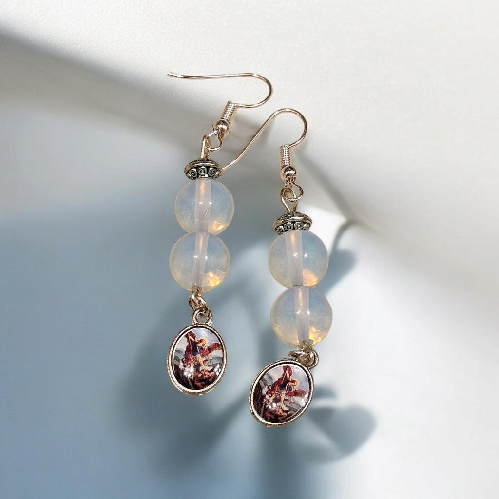 St Michael protection earrings hook dangle tourmaline opalite