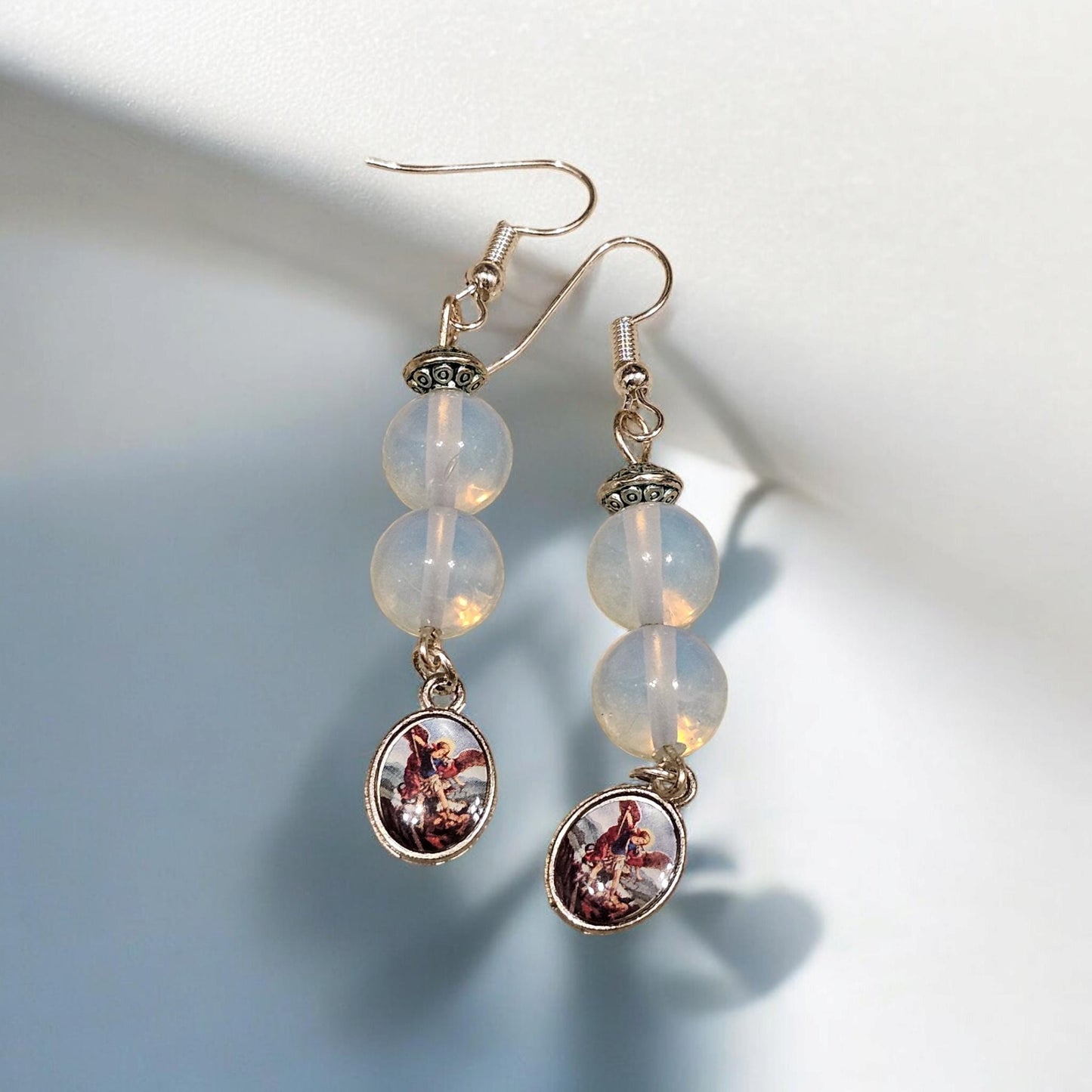 St Michael protection earrings hook dangle tourmaline opalite