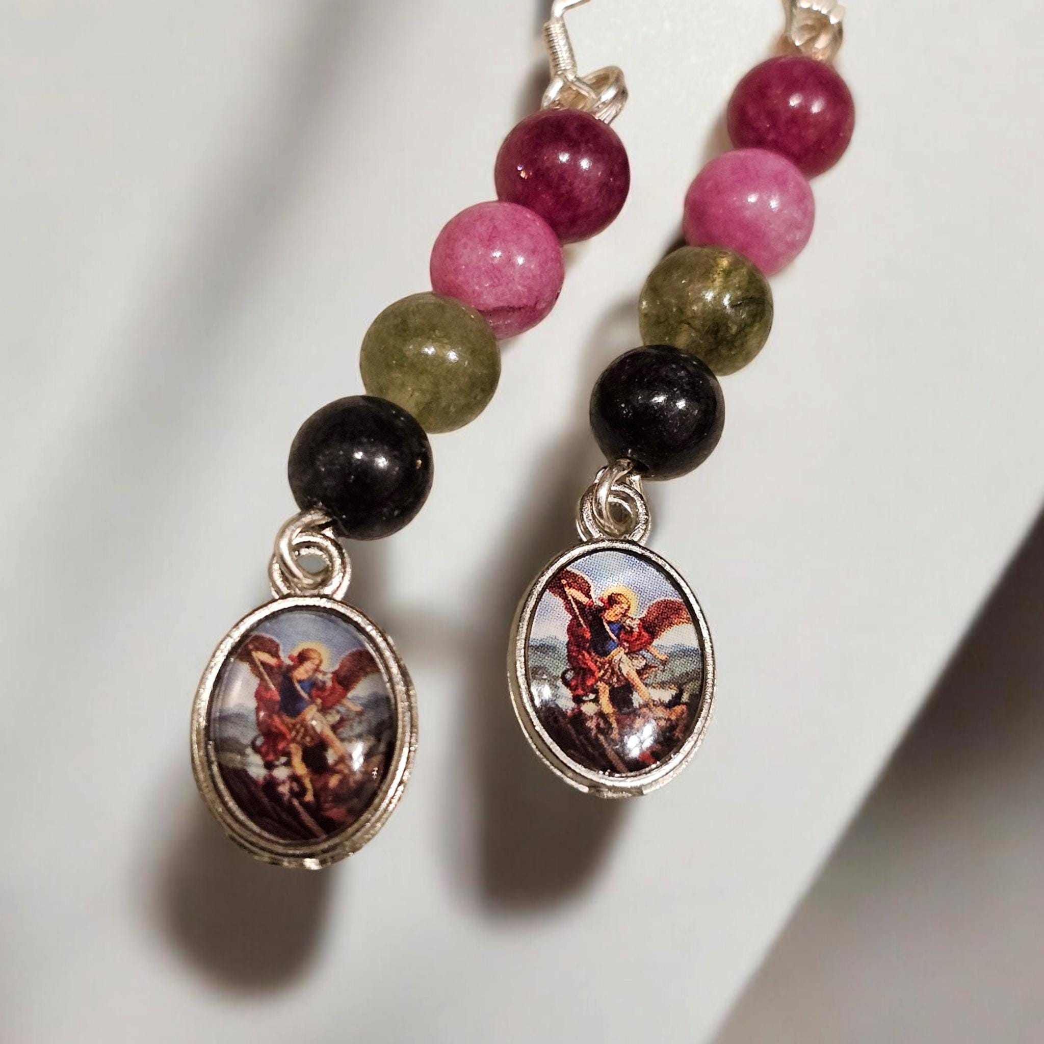 St Michael protection earrings hook dangle tourmaline opalite