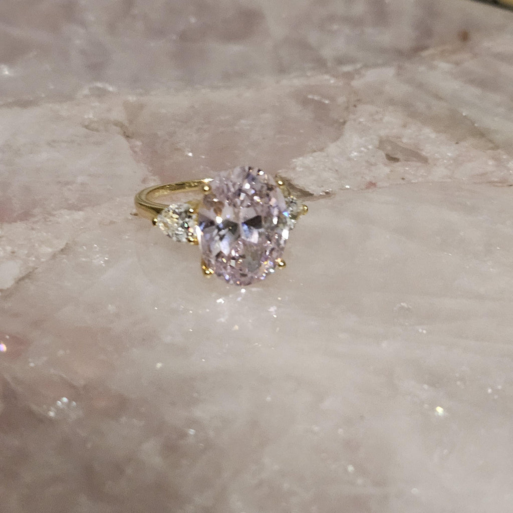 Oval Lab Rose Quartz Ring: Gold Plated Sterling Silver, Size 8