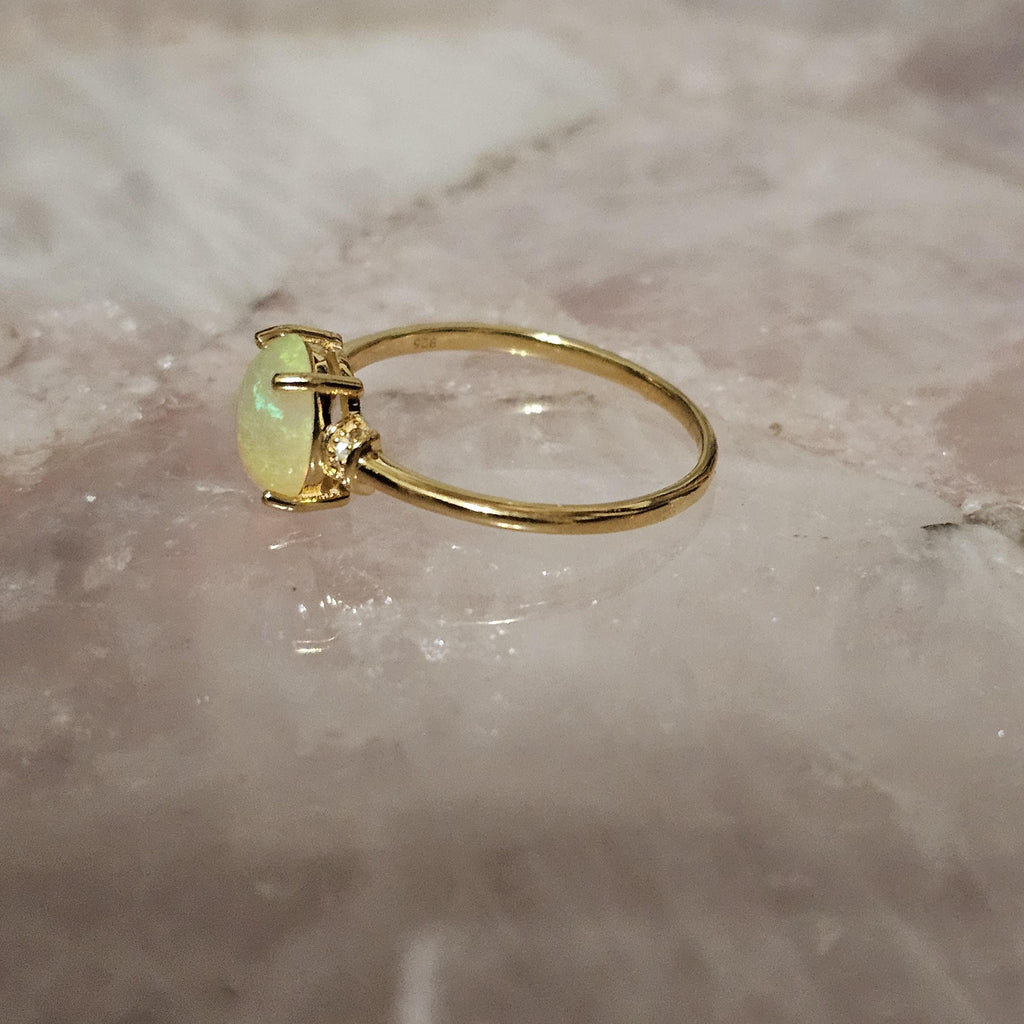 Ethiopian Opal Oval three stone 14k Gold Plated 925 Silver Ring Size 10