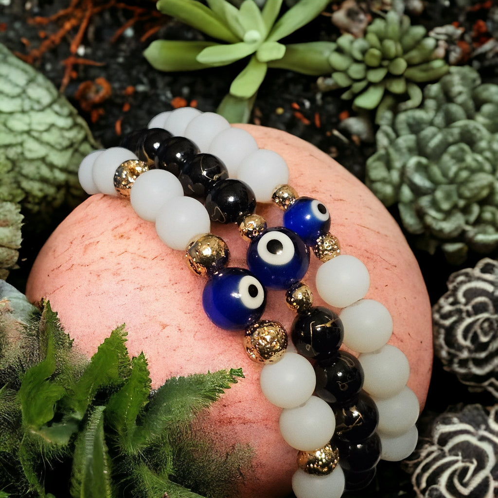 Evil Eye Protection Bracelet: Glass Beads & Gold Hematite Accent Beads in Gold Tone