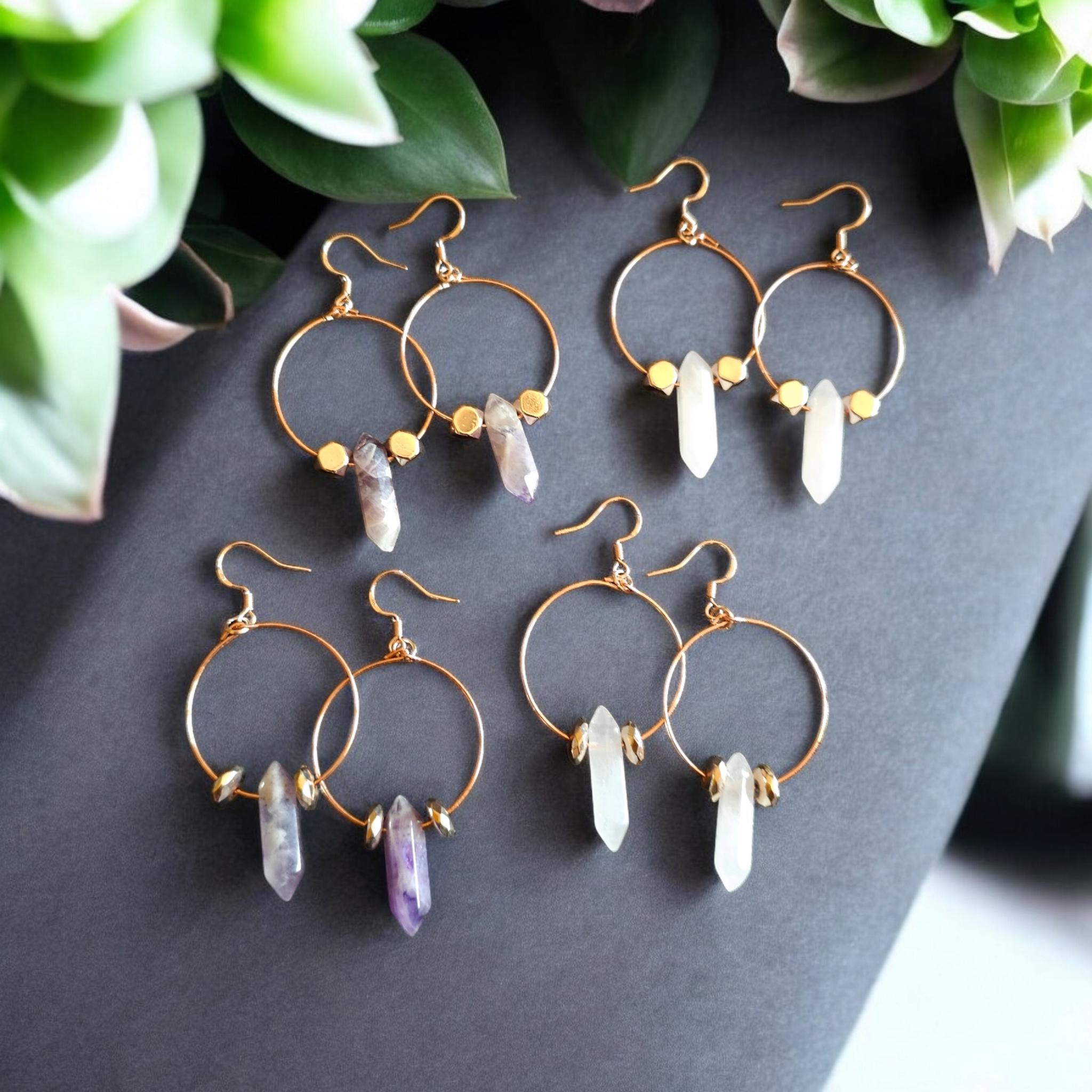 Rose Quartz and Amethyst on Rose GoldTone Hoop Hook Dangle Earrings