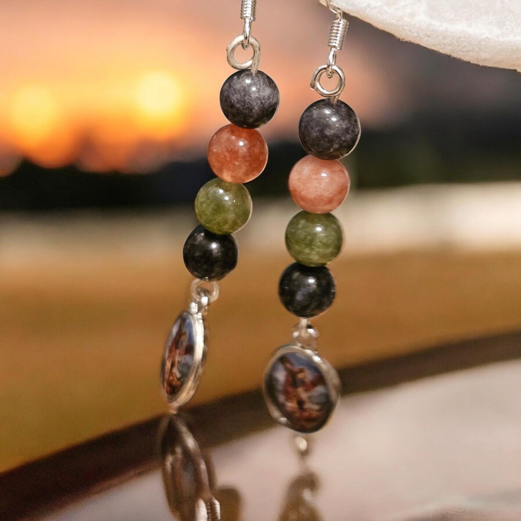 St Michael protection earrings hook dangle tourmaline opalite