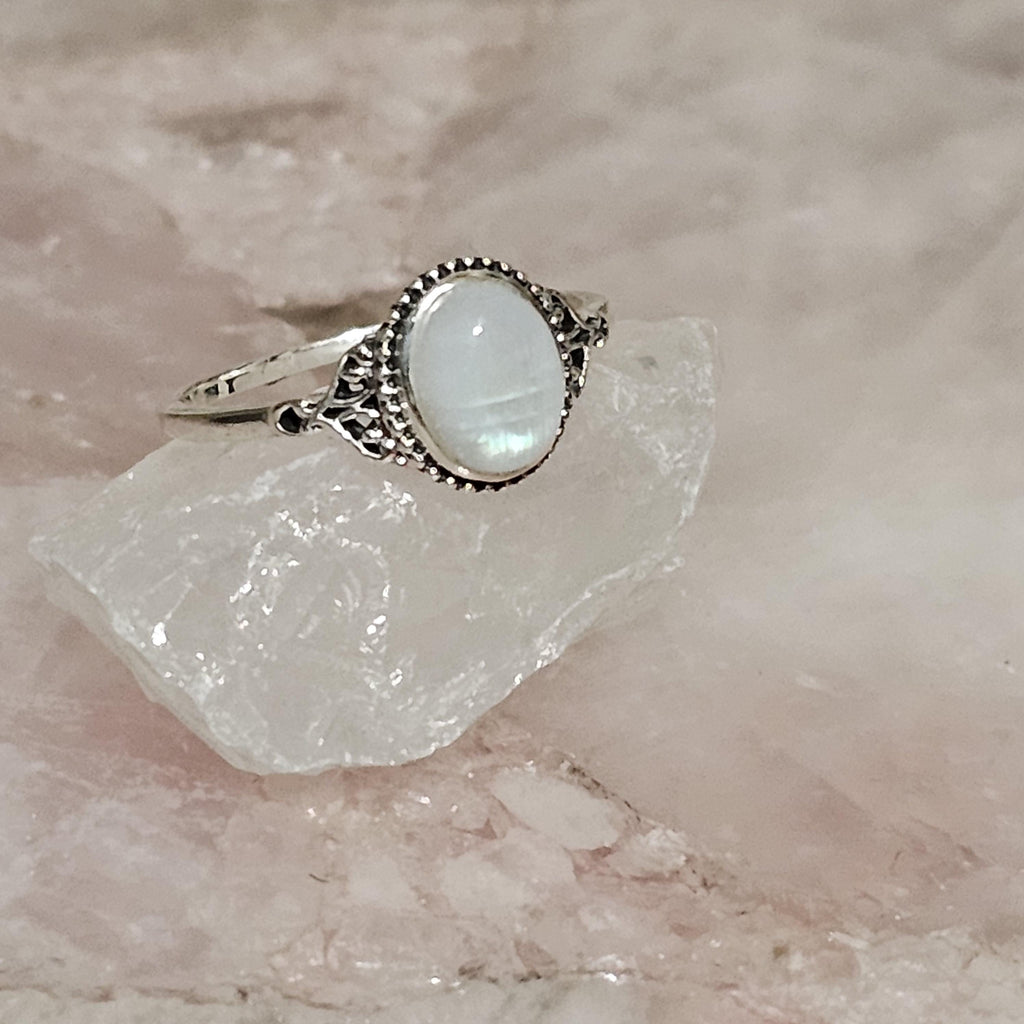 Dainty Rainbow Moonstone Oval Cut Stone Set on 925 Sterling Silver Ring