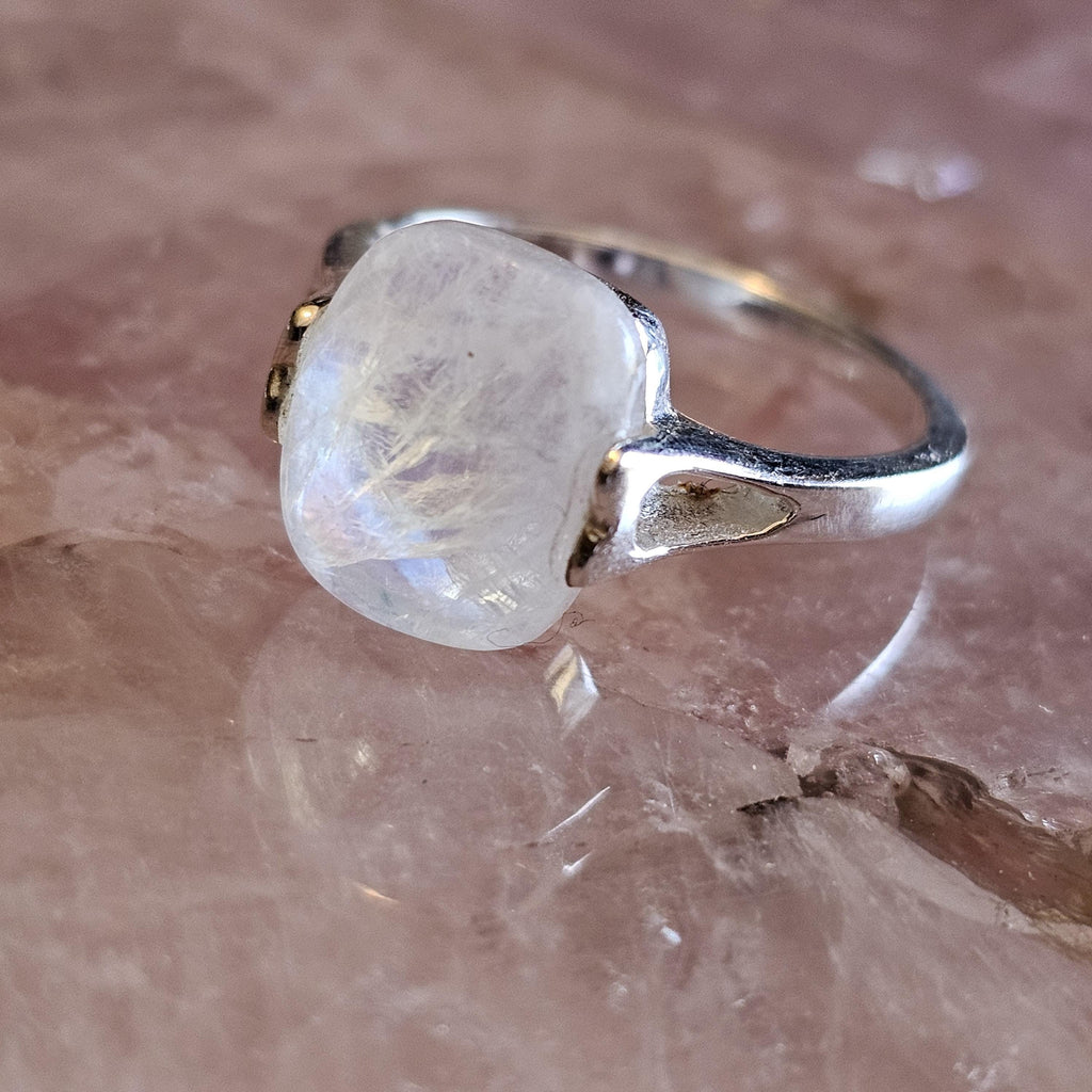 Rainbow Moonstone Ring: Square Stone, 925 Sterling Silver