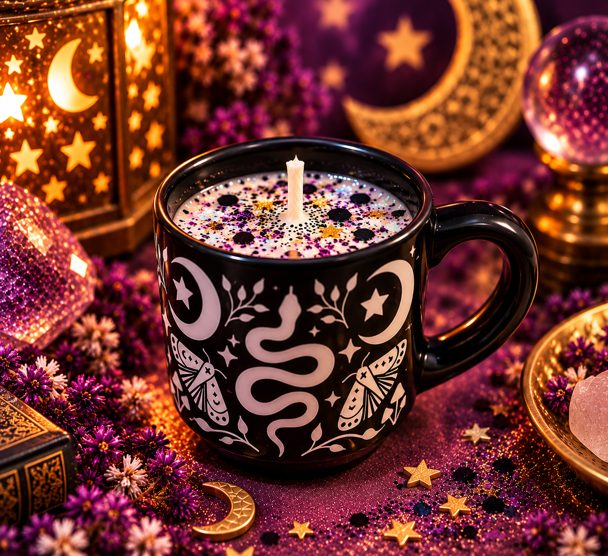 Mystic Moon Mug Candle | Celestial Snake & Moth Ceramic Candle | Reusable Mug
