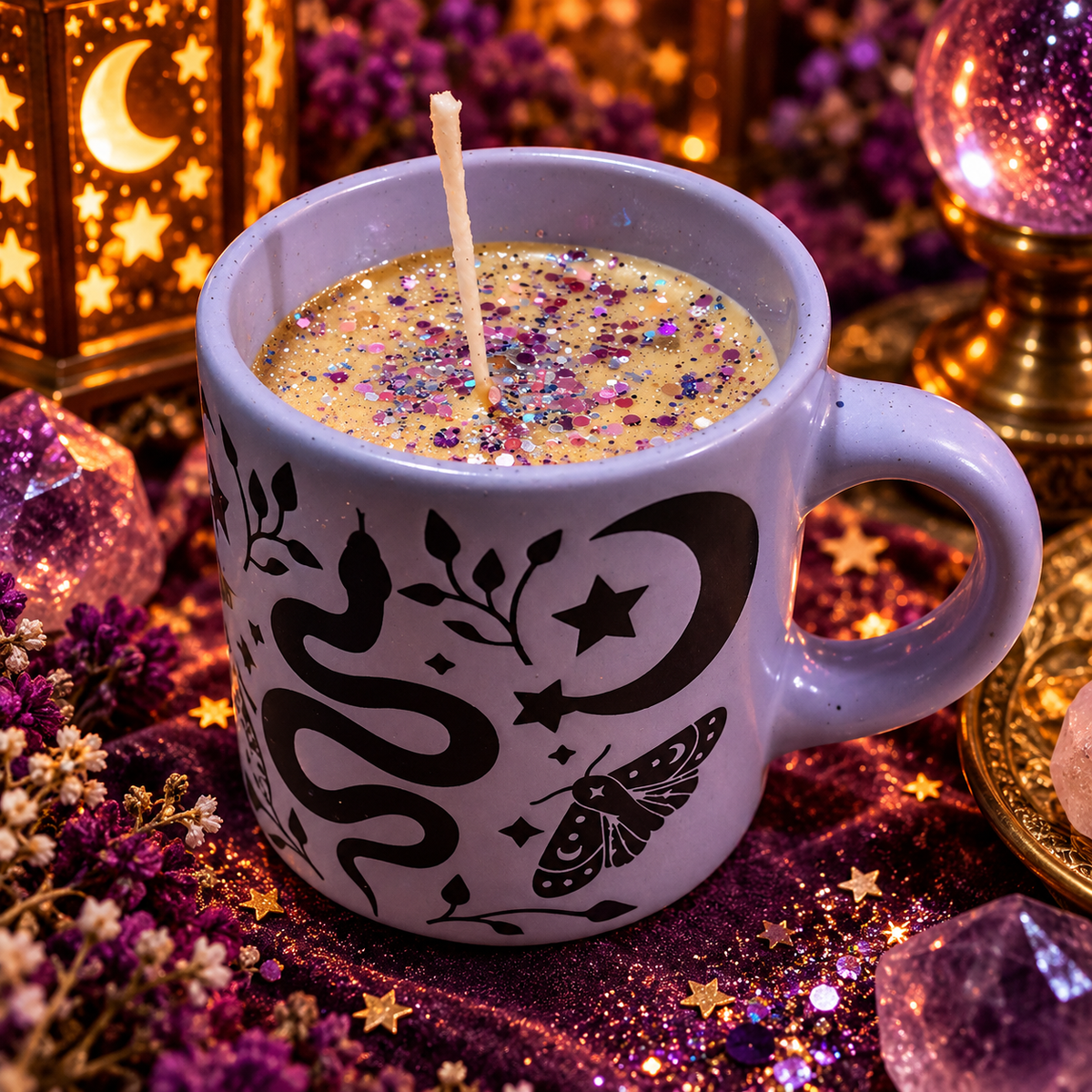 Mystic Moon Mug Candle | Celestial Snake & Moth Ceramic Candle | Reusable Mug